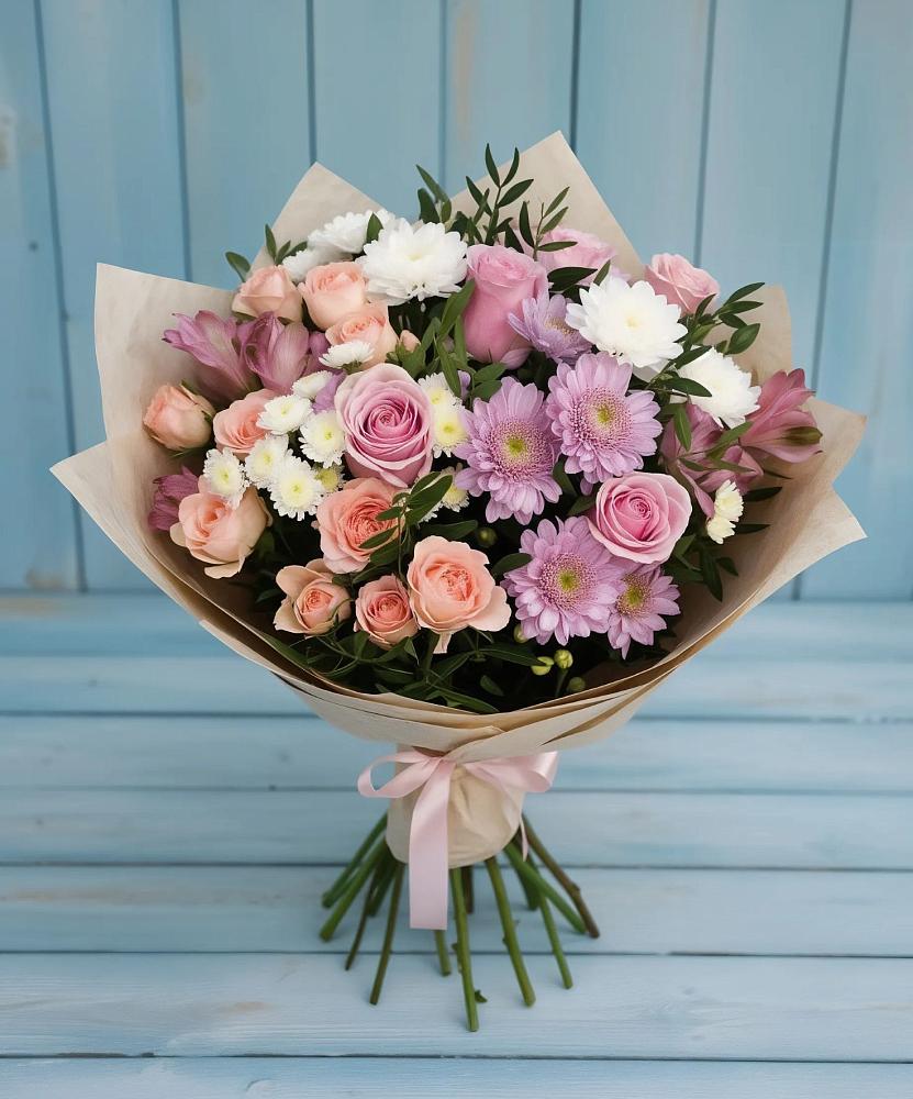 Букет цветов из: Хризантемы, Розы и Альстромерии в Фокино Приморского края