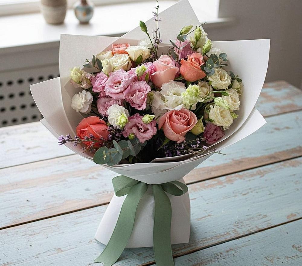 Букет цветов из: Розы, Лизиантусы и Гвоздики в Фокино Приморского края