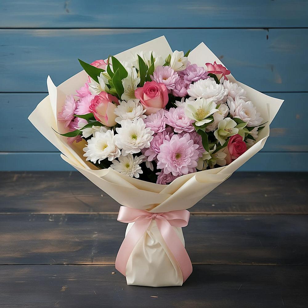 Букет цветов из: Хризантемы, Альстромерии и Розы в Фокино Приморского края